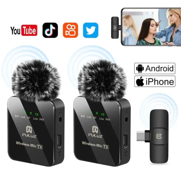 PULUZ Wireless Lavalier Microphone Portable Audio Video Recording Mini Mic for iPhone Android Outdoor Live Broadcast