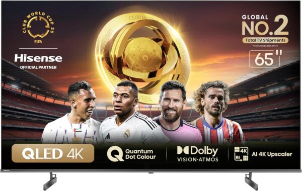 Hisense 65 inch QLED Smart TV E7N-Quantum Dot Colour, AI Picture, Dolby Vision, Dolby Atmos, Share to TV, Voice Control, Filmmaker Mode, Youtube, Netflix, Disney+ and Shahid, 65E7N (2024 UAE Version)